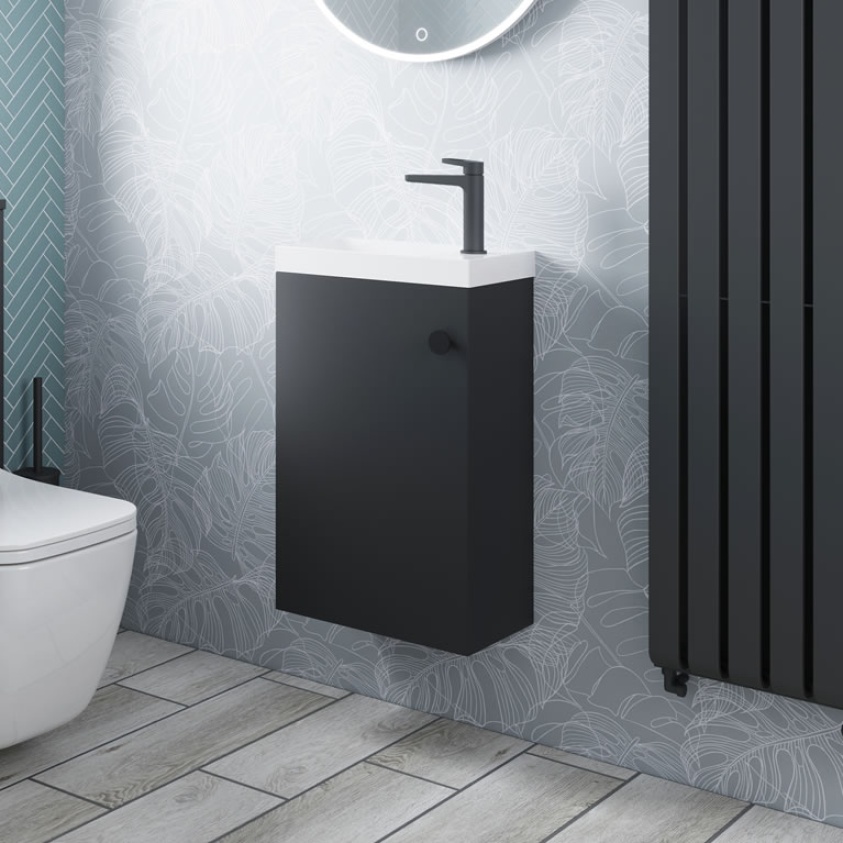 Lifestyle image of Crosswater Alo 400mm Matt Black Wall-Hung Vanity Unit & Basin